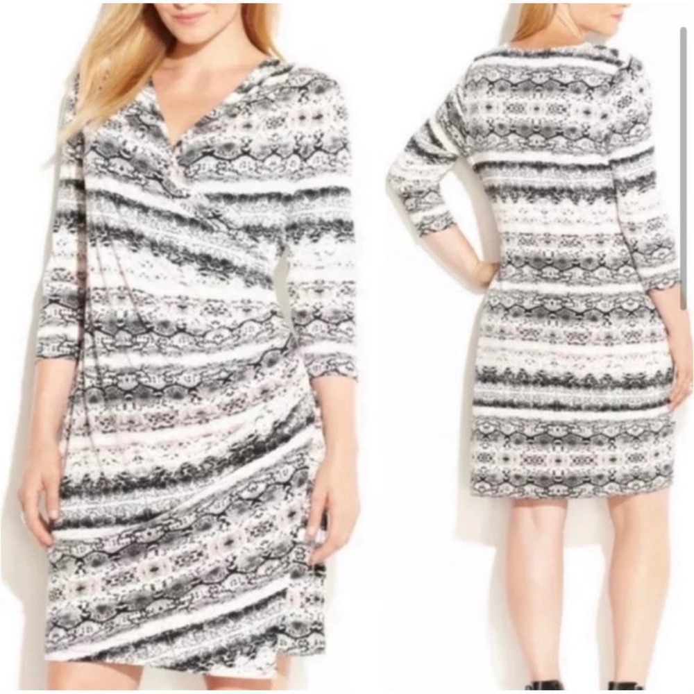 CALVIN KLEIN Snakeskin Wrap Dress 3/4 Sleeves | Size Medium | Black Cream Tan